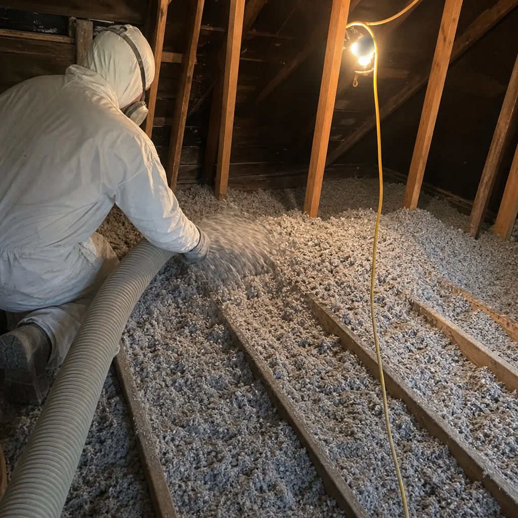 Contractor using blower hose to install loose-fill attic insulation