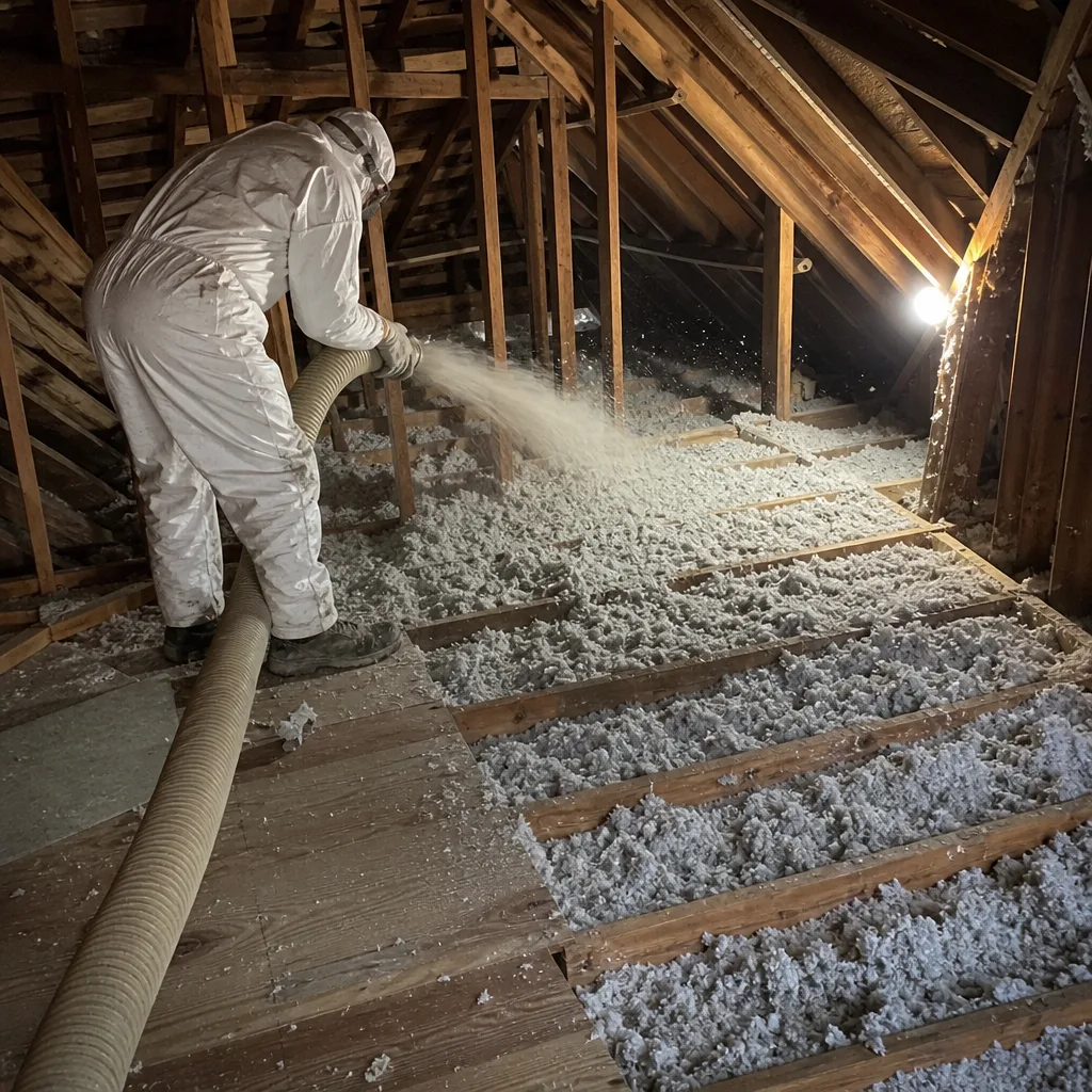 Professional contractor installing blown-in attic insulation with specialized equipment