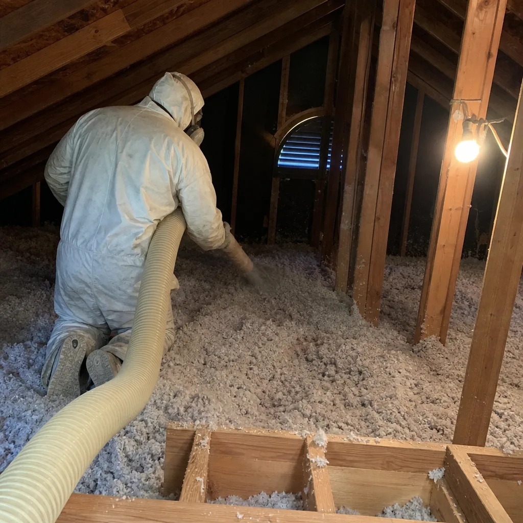 Technician installing blown-in attic insulation with professional hose equipment
