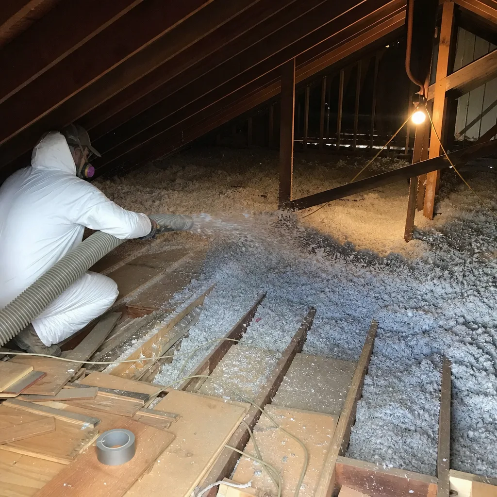 Professional technician removing attic insulation with a vacuum hose