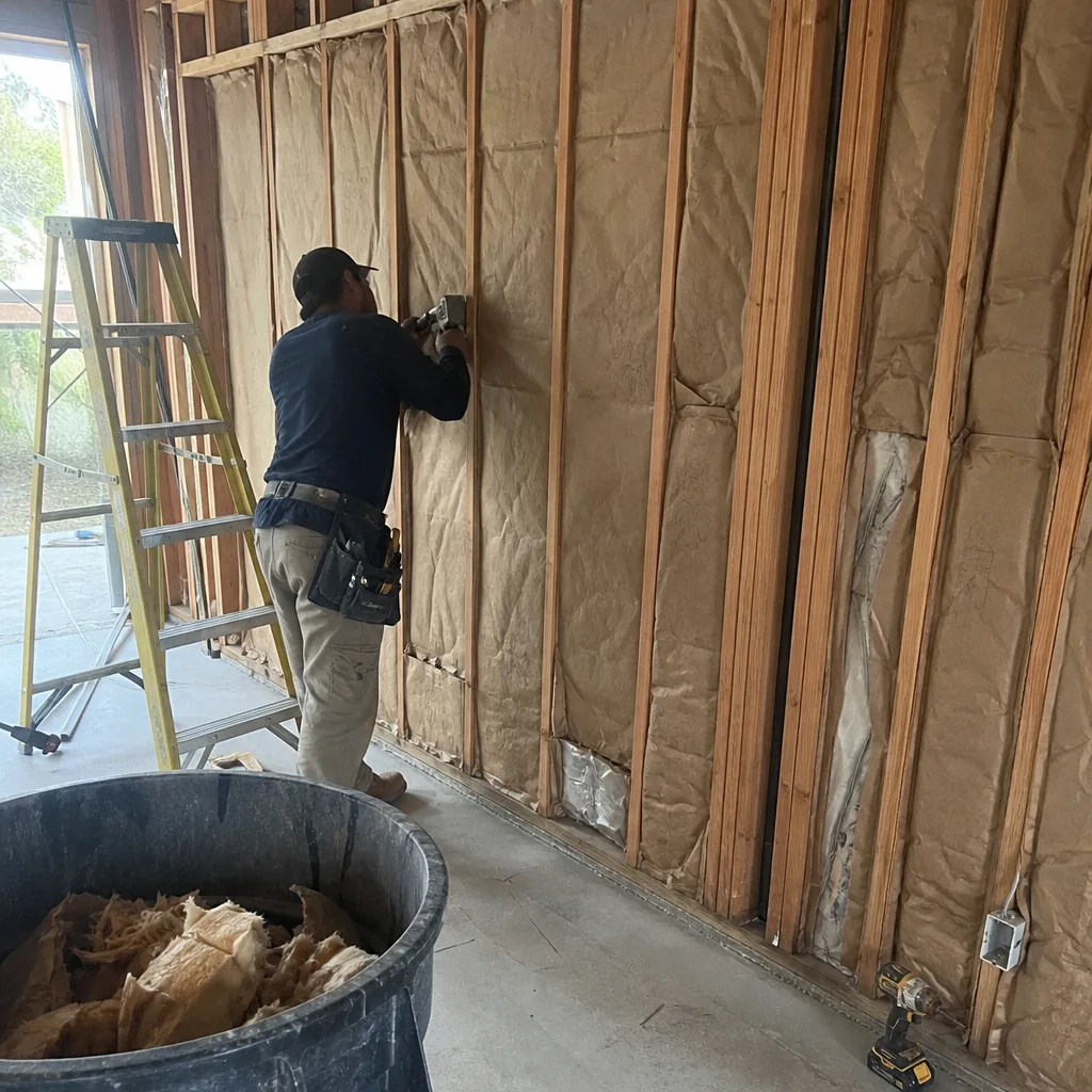 Professional contractor installing residential wall insulation during a home renovation project.